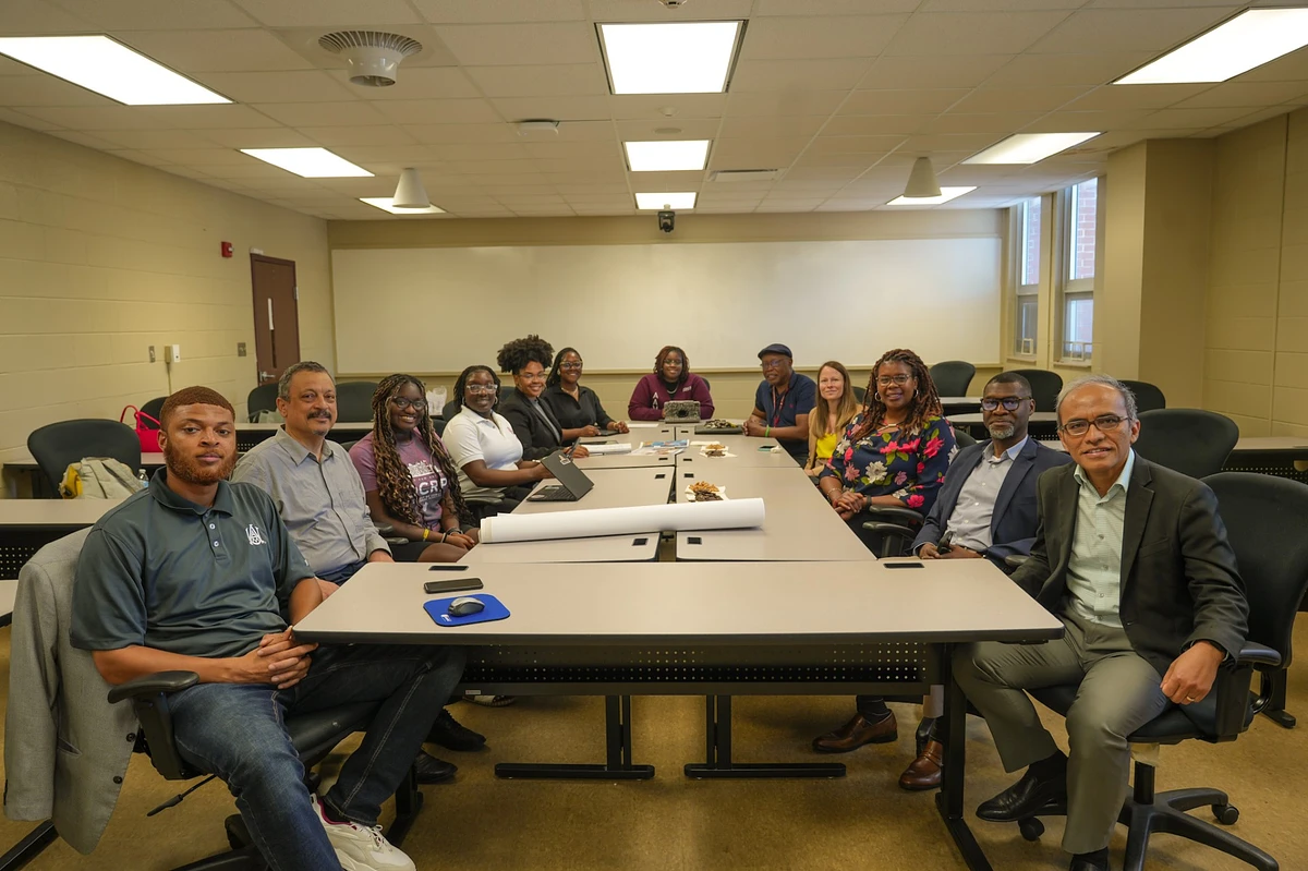 (Photo L-R) Isaiah Smith, Dr. Ahmed Ouf, Alexa Wiliams, Brooklyn Walker, Camryn Cummings, Taelor Boston, Leah Nelson, Planner James Moore, Planner, Huntsville Planning Department; Planner Jo-Beth Gleason;  Madison County Commissioner Violet Edwards, Madison County Director of Outreach Bryan Primm, Dr. DedenRukmana, Chair, AAMU Department of Community and Regional Planning
